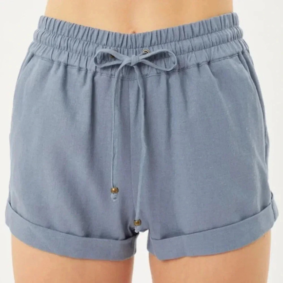 Linen Shorts Drawstring Pull-On Style Side Pockets Smocked Elastic Waist… - Picture 2 of 4